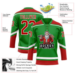 Custom Grass Green Red-White Christmas Santa Claus 3D Hockey Lace Neck Jersey