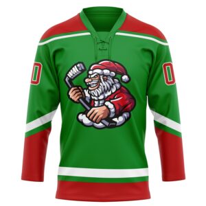 Custom Grass Green Red-White Christmas Santa Claus 3D Hockey Lace Neck Jersey