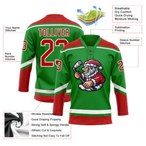 Custom Grass Green Red-White Christmas Santa Claus 3D Hockey Lace Neck Jersey