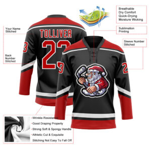 Custom Black Red-White Christmas Santa Claus 3D Hockey Lace Neck Jersey