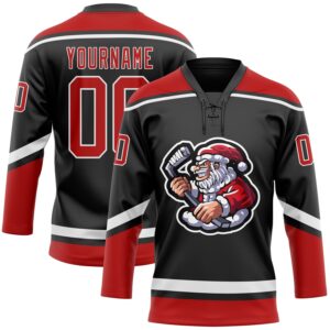 Custom Black Red-White Christmas Santa Claus 3D Hockey Lace Neck Jersey