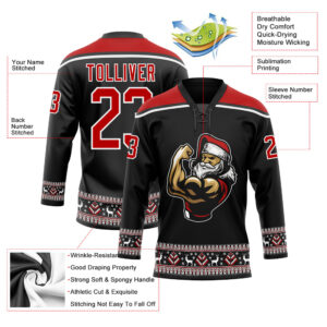 Custom Black Red-White Christmas Santa Claus 3D Hockey Lace Neck Jersey