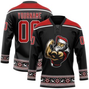 Custom Black Red-White Christmas Santa Claus 3D Hockey Lace Neck Jersey