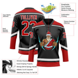 Custom Black Red-White Christmas Santa Claus 3D Hockey Lace Neck Jersey