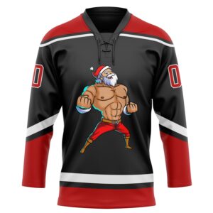 Custom Black Red-White Christmas Santa Claus 3D Hockey Lace Neck Jersey