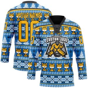 Custom Light Blue Gold-Black Christmas Tree And Tiger 3D Hockey Lace Neck Jersey