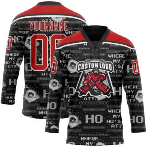 Custom Black Red-White Christmas Santa Claus 3D Hockey Lace Neck Jersey