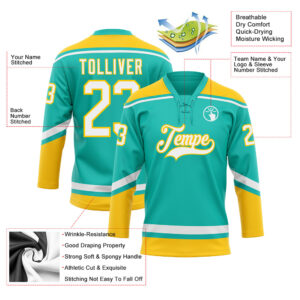 Custom Aqua White-Yellow Hockey Lace Neck Jersey