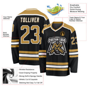 Custom Black Old Gold-White Hockey Jersey