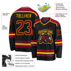 Custom Black Maroon-Gold Hockey Jersey