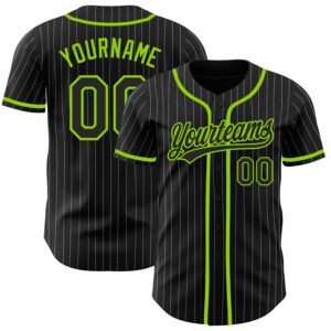 Custom Black White Pinstripe Black-Neon Green Authentic Baseball Jersey