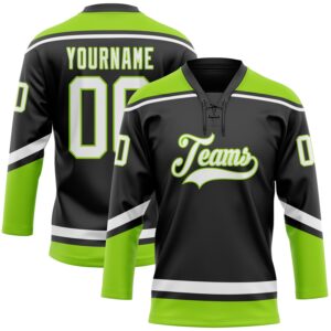 Custom Black White-Neon Green Hockey Lace Neck Jersey