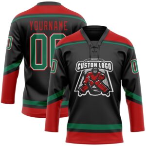 Custom Black Kelly Green-Red Hockey Lace Neck Jersey