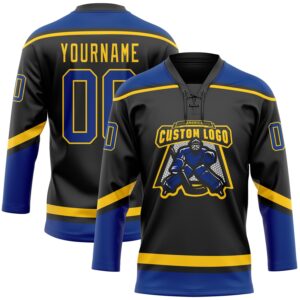 Custom Black Royal-Yellow Hockey Lace Neck Jersey