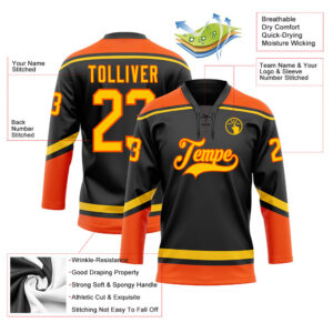 Custom Black Yellow-Orange Hockey Lace Neck Jersey