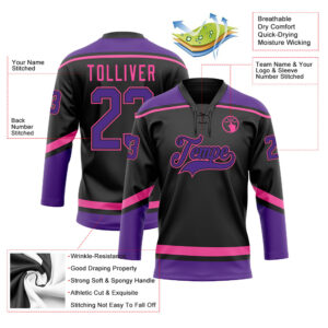 Custom Black Purple-Pink Hockey Lace Neck Jersey