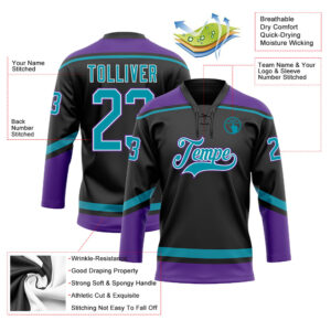 Custom Black Teal-White Hockey Lace Neck Jersey