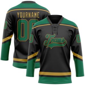 Custom Black Kelly Green-Old Gold Hockey Lace Neck Jersey