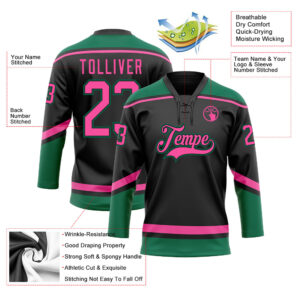 Custom Black Pink-Kelly Green Hockey Lace Neck Jersey