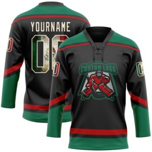 Custom Black Vintage Mexican Flag Cream Kelly Green-Red Hockey Lace Neck Jersey