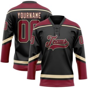 Custom Black Crimson-City Cream Hockey Lace Neck Jersey