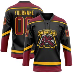 Custom Black Crimson-Gold Hockey Lace Neck Jersey