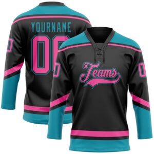 Custom Black Pink-Teal Hockey Lace Neck Jersey