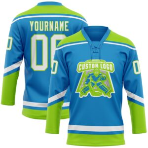 Custom Blue White-Neon Green Hockey Lace Neck Jersey