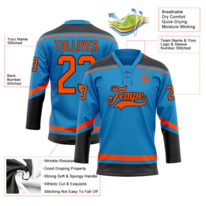 Custom Blue Orange-Black Hockey Lace Neck Jersey