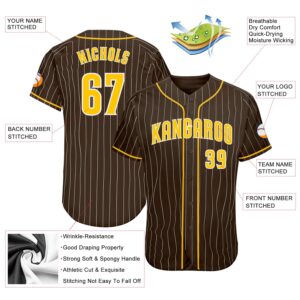 Custom Brown White Pinstripe Gold-White Authentic Baseball Jersey