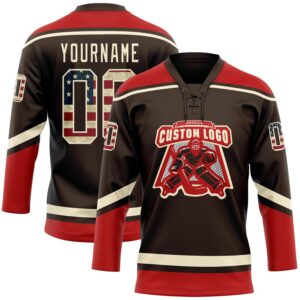 Custom Brown Vintage USA Flag Cream-Red Hockey Lace Neck Jersey