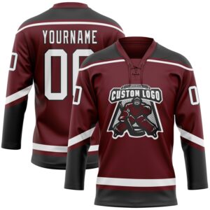 Custom Burgundy White-Black Hockey Lace Neck Jersey