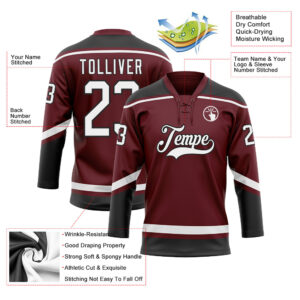 Custom Burgundy White-Black Hockey Lace Neck Jersey