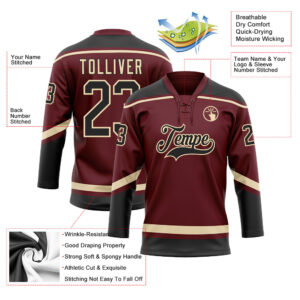 Custom Burgundy Black-City Cream Hockey Lace Neck Jersey