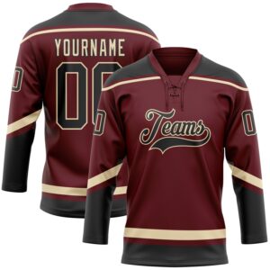 Custom Burgundy Black-City Cream Hockey Lace Neck Jersey