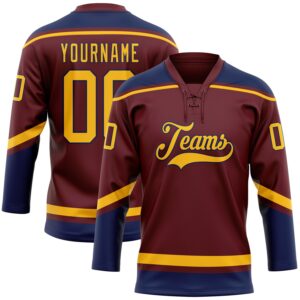 Custom Burgundy Gold-Navy Hockey Lace Neck Jersey