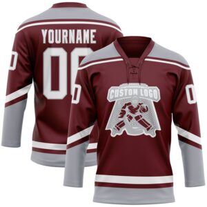 Custom Burgundy White-Gray Hockey Lace Neck Jersey