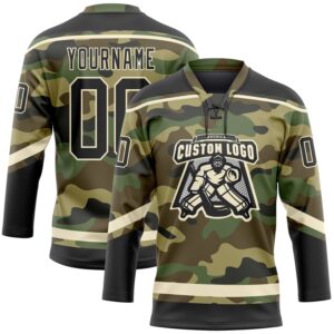 Custom Camo Black-Cream Salute To Service Hockey Lace Neck Jersey