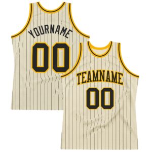 Custom Cream Black Pinstripe Black-Gold Authentic Basketball Jersey