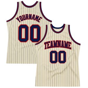 Custom Cream Navy Pinstripe Navy-Red Authentic Basketball Jersey