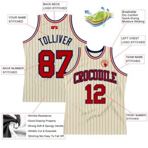 Custom Cream Navy Pinstripe Red Authentic Basketball Jersey