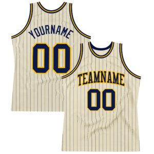 Custom Cream Navy Pinstripe Navy-Gold Authentic Basketball Jersey