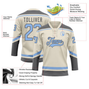 Custom Cream Light Blue-Steel Gray Hockey Lace Neck Jersey