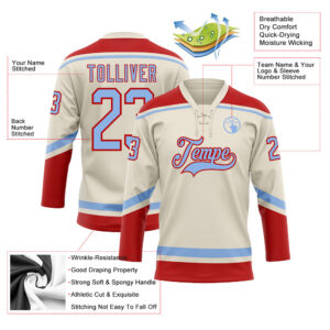 Custom Cream Light Blue-Red Hockey Lace Neck Jersey