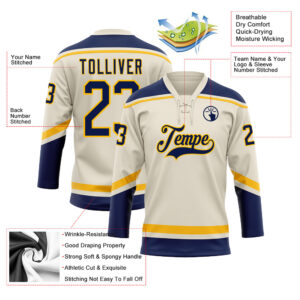 Custom Cream Navy-Gold Hockey Lace Neck Jersey