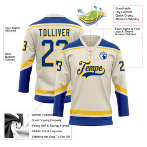 Custom Cream Royal-Yellow Hockey Lace Neck Jersey