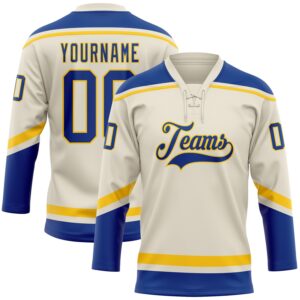 Custom Cream Royal-Yellow Hockey Lace Neck Jersey