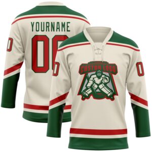 Custom Cream Red-Green Hockey Lace Neck Jersey