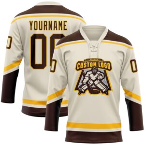 Custom Cream Brown-Gold Hockey Lace Neck Jersey