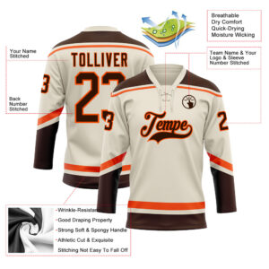 Custom Cream Brown-Orange Hockey Lace Neck Jersey